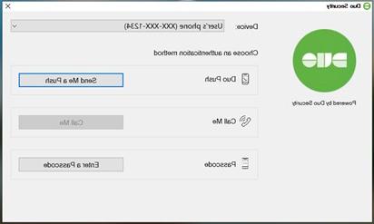 Duo安全Windows应用程序. 显示默认设备，选项“给我推送”和“输入密码”